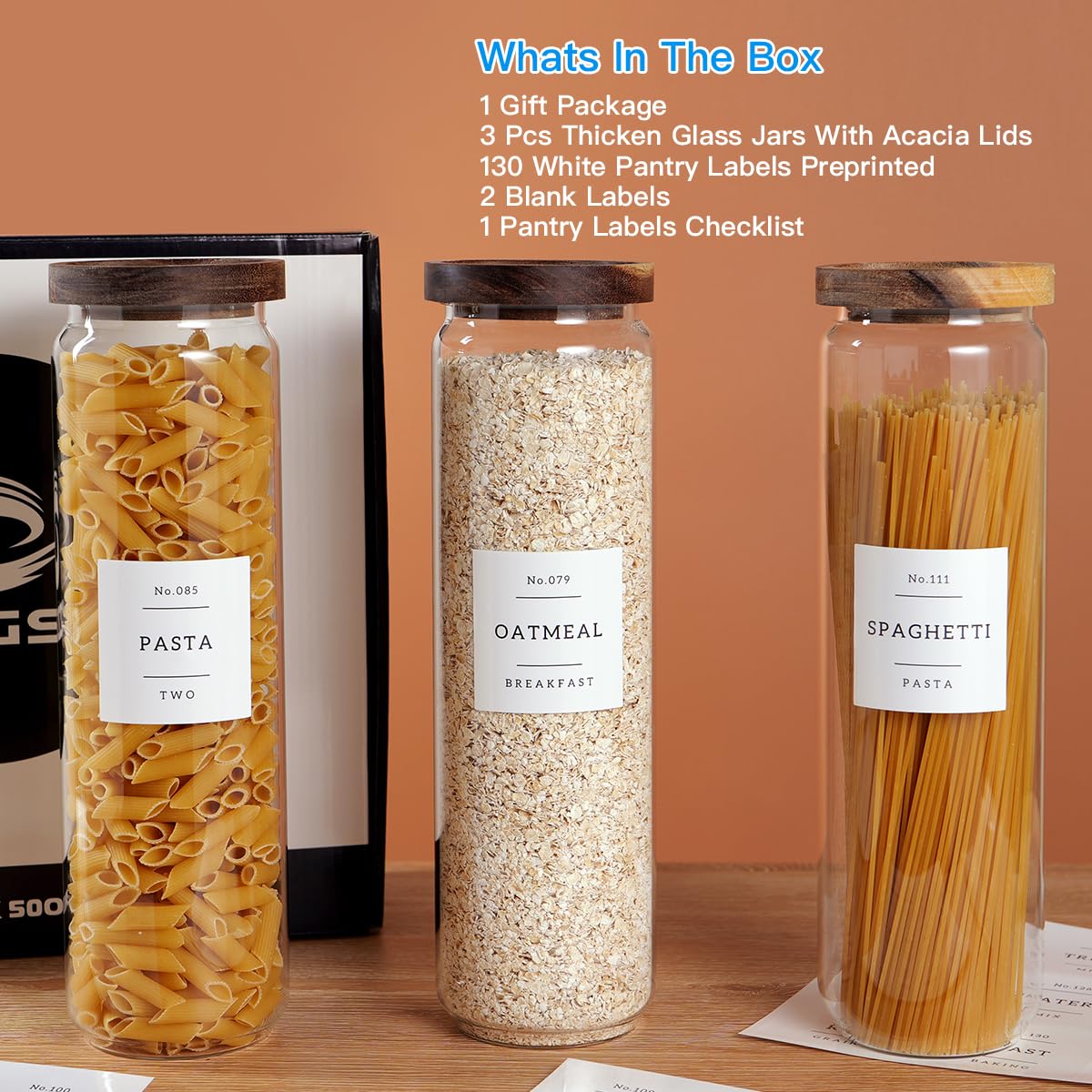 CZZGSM 3 Set Glass Pantry Storage Jars with Acacia Airtight Lid - 50oz Thicken Glass Kitchen Canisters with 132 Pantry Labels - Tall Food Storage Containers with Wood Lid for Pasta,Spaghetti,Cereal