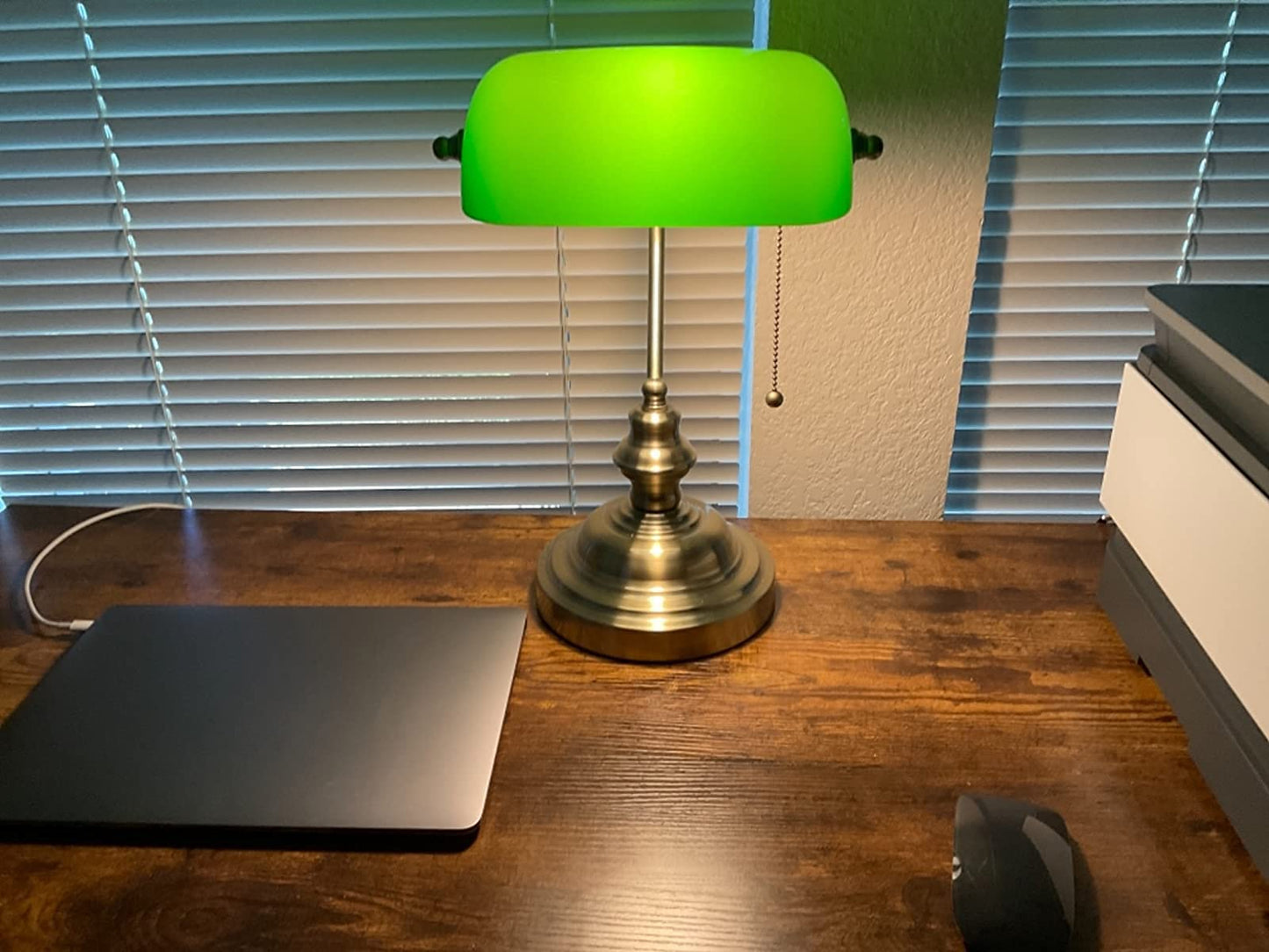 Newrays Glass Bankers Desk Lamp with Pull Chain Switch Plug in Fixture (Green)
