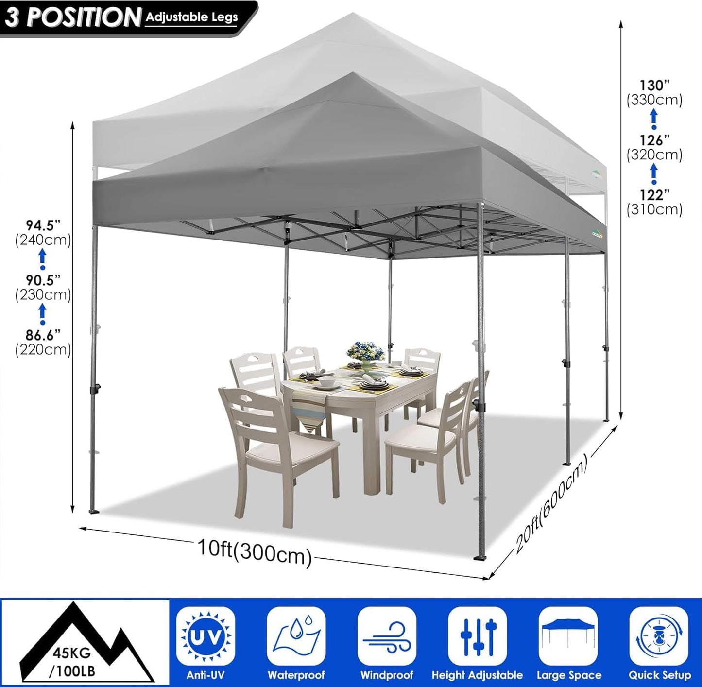 COBIZI 10x20 Heavy Duty Pop up Canopy Tent with 6 sidewalls Easy Up Commercial Outdoor Wedding Party Tents for Parties All Season Wind & Waterproof Gazebo Roller Bag, Light Grey(Frame Thickened)