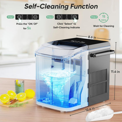 DUMOS Countertop Ice Maker with Handle, 26lbs/24H Portable Ice Machine, 9 Bullet Cubes Ready in 6 Mins, Self-Cleaning, Quiet Compact for Home, Kitchen, RV, Camping, Bright Black