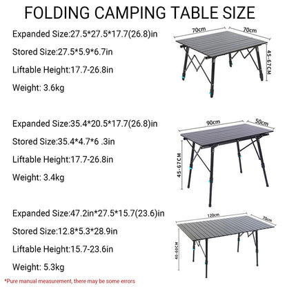 Adjustable Folding Picnic Table Portable Aluminum Camping Table Lightweight Travel Table Compact Storage Easy Setup Outdoor Dining 120x70cm Black