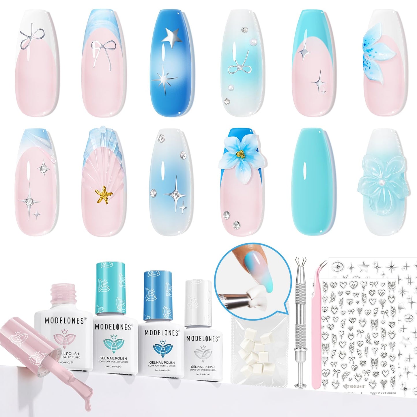 Modelones Gel Nail Polish Kit with UV Light, Milky White Nude Glitter Pink Red Gold Fall Metallic Manicure Set with Base Top Coat Star Stickers 4 Colors Gel Mini Salon Nail Art Gift for Women Girl