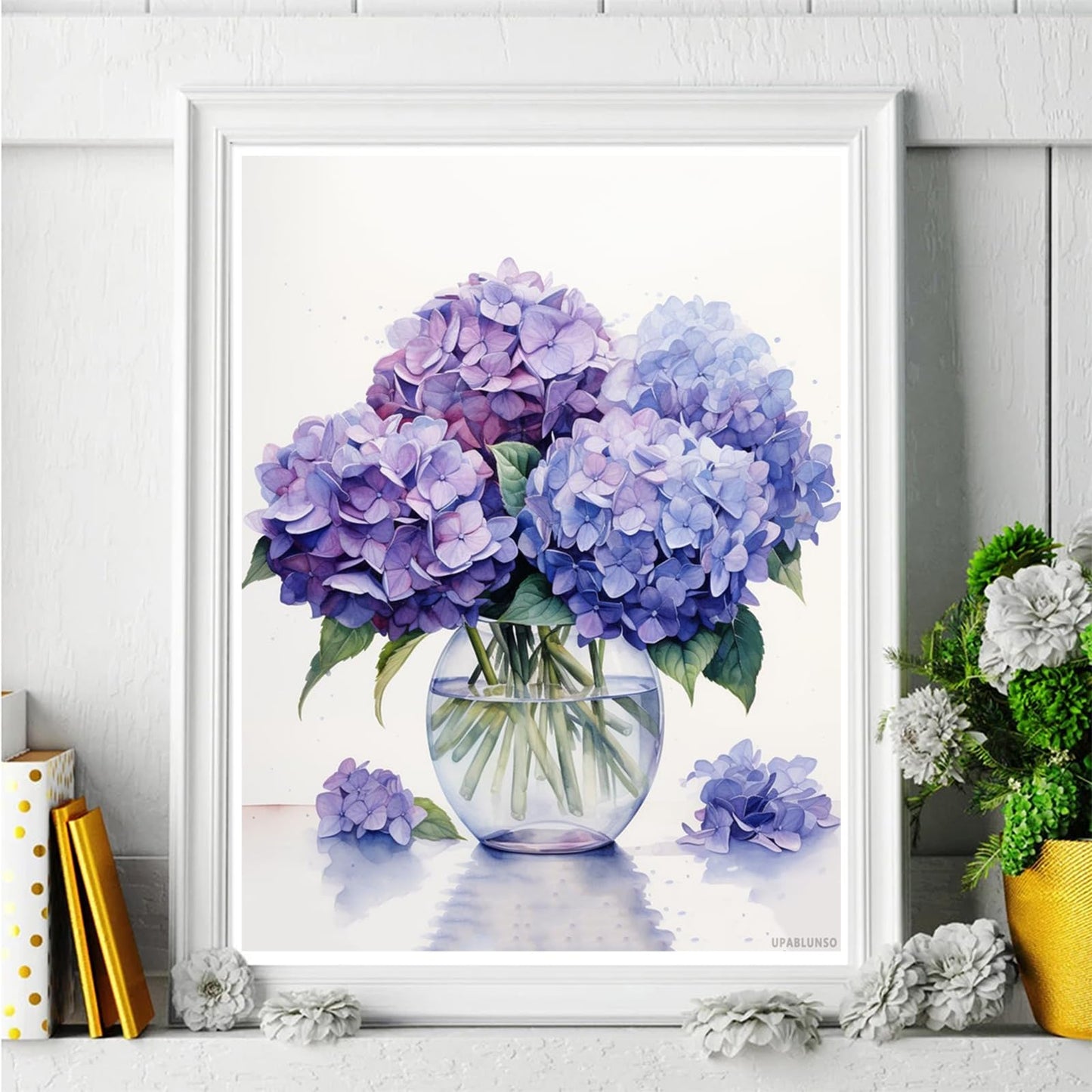 UPABLUNSO Purple Hydrangeas in Vase DIY 5D Diamond Art Painting Kits Round Full Drill Diamond Art Paint by Diamond Number Kits for Beginners Crystal Cross Stitch Wall Decor 12x16 Inch
