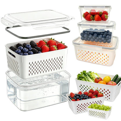 IKKAB 3 Pack Fruit Storage Containers for Fridge with Removable Colander, Airtight Produce Storage Containers for Fridge, 4-in-1 Fruit and Vegetable Storage, Berry Keeper, Stackable Veggie Containers