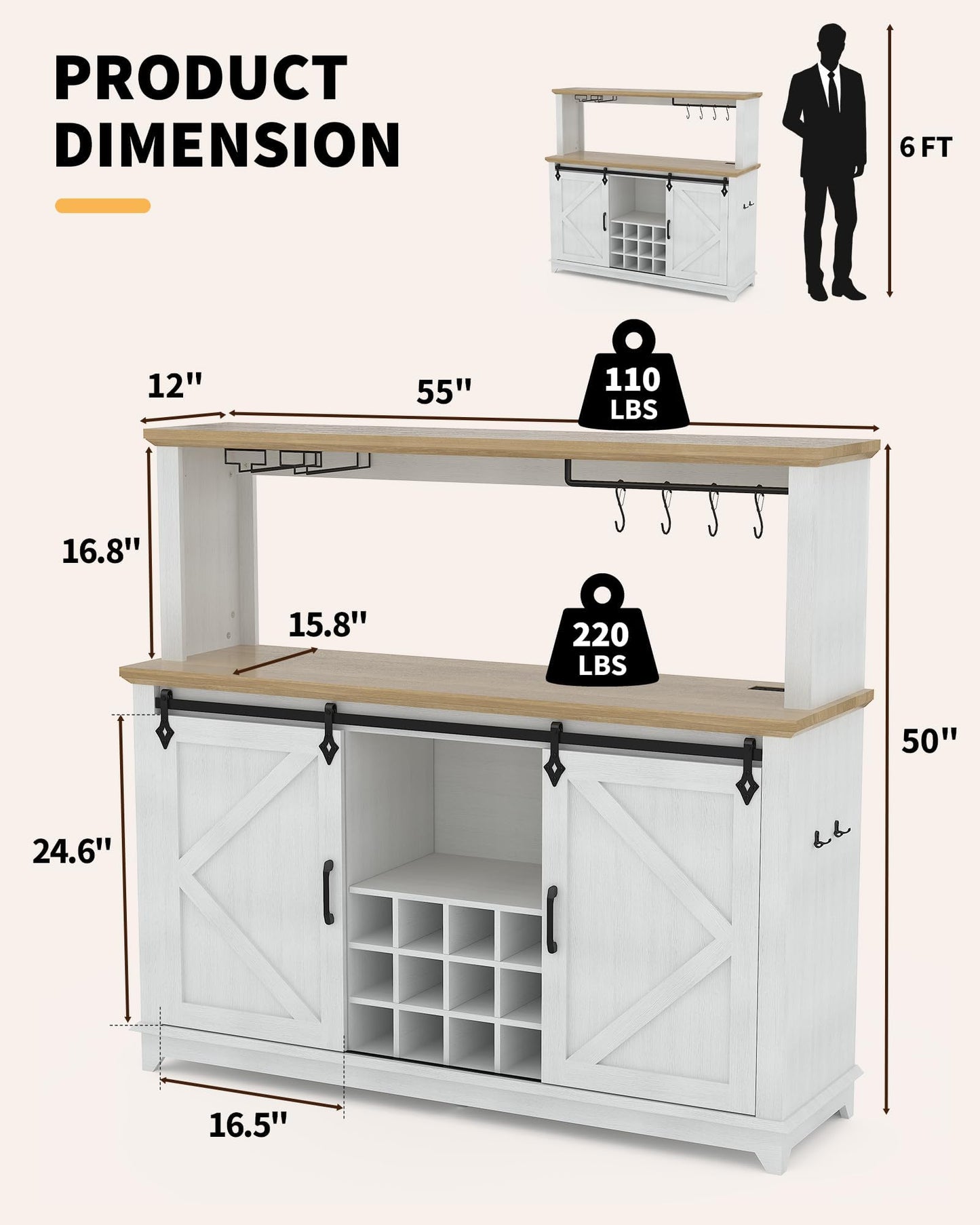 IDEALHOUSE 55" Farmhouse Coffee Bar Cabinet with Power Outlet & LED Light - Sliding Barn Door Buffet with Removable Wine Rack, 2-Tier Drawers, for Kitchen, Dining & Living Room, White