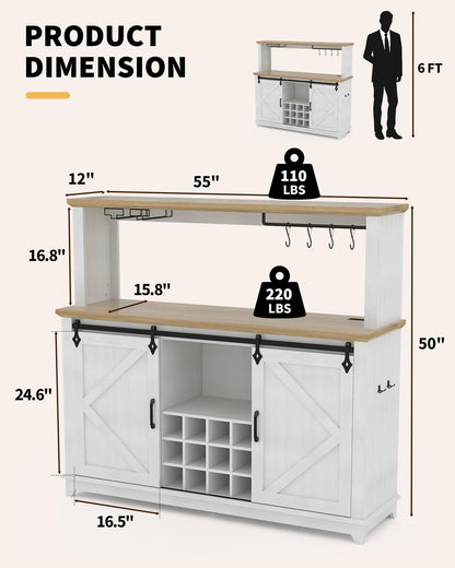 55 in Farmhouse Coffee Bar Cabinet with 3-Mode LED Light and Power Outlet - Large Kitchen Hutch with Sliding Barn Door - Wine Cabinets with Storage Drawers and Wine Glass Rack for Home and Living Rome