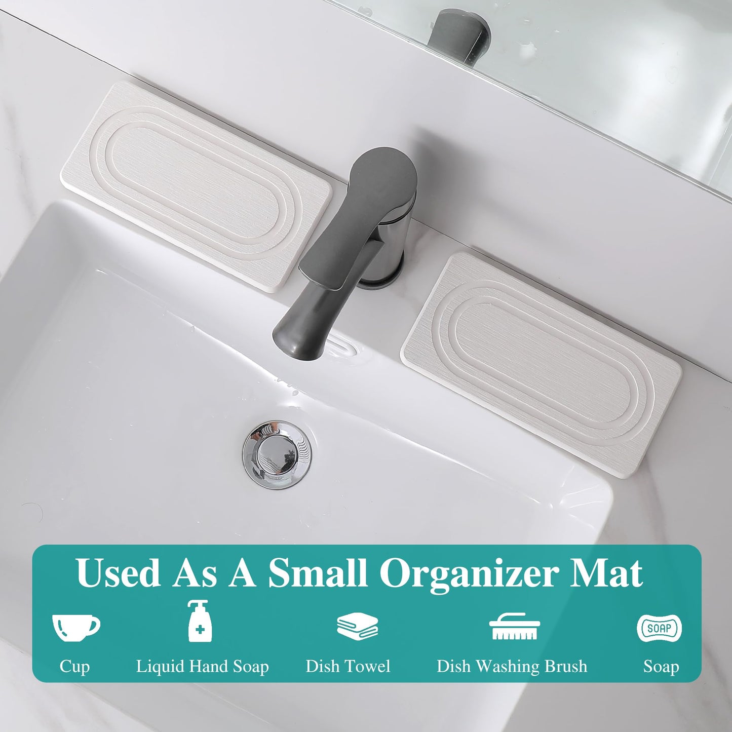 2PCS Water Absorbing Stone Tray for Sink, Quick Drying Diatomite Bathroom Tray Countertop, Stone Drying Mat for Kitchen Counter Faucet, Soap Dish Dispenser Vanity Organizer, White-7.9" x 4"