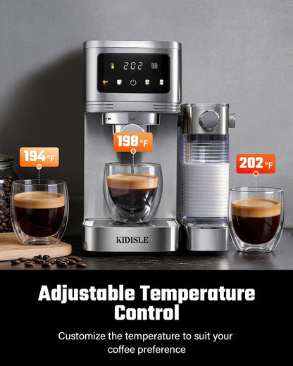 KIDISLE 20 Bar Espresso Machine with Automatic Milk Frother, Cappuccino & Latte Maker, Dual Boiler Coffee Machine (1350W + 1000W), 44oz Water Tank, 24oz Milk Reservoir, Touchscreen, Stainless Steel