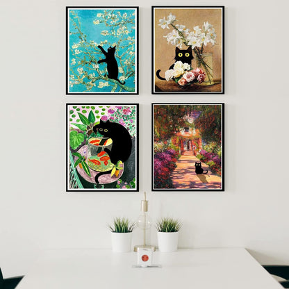 GemZono Diamond Painting for Adults and Beginners - 6pcs, 5D Round Diamond Digital Painting Kit, DIY Black Cat Diamond Art Painting, Matisse Van Gogh Living Room Bedroom Decoration (11.8x15.7 inches)