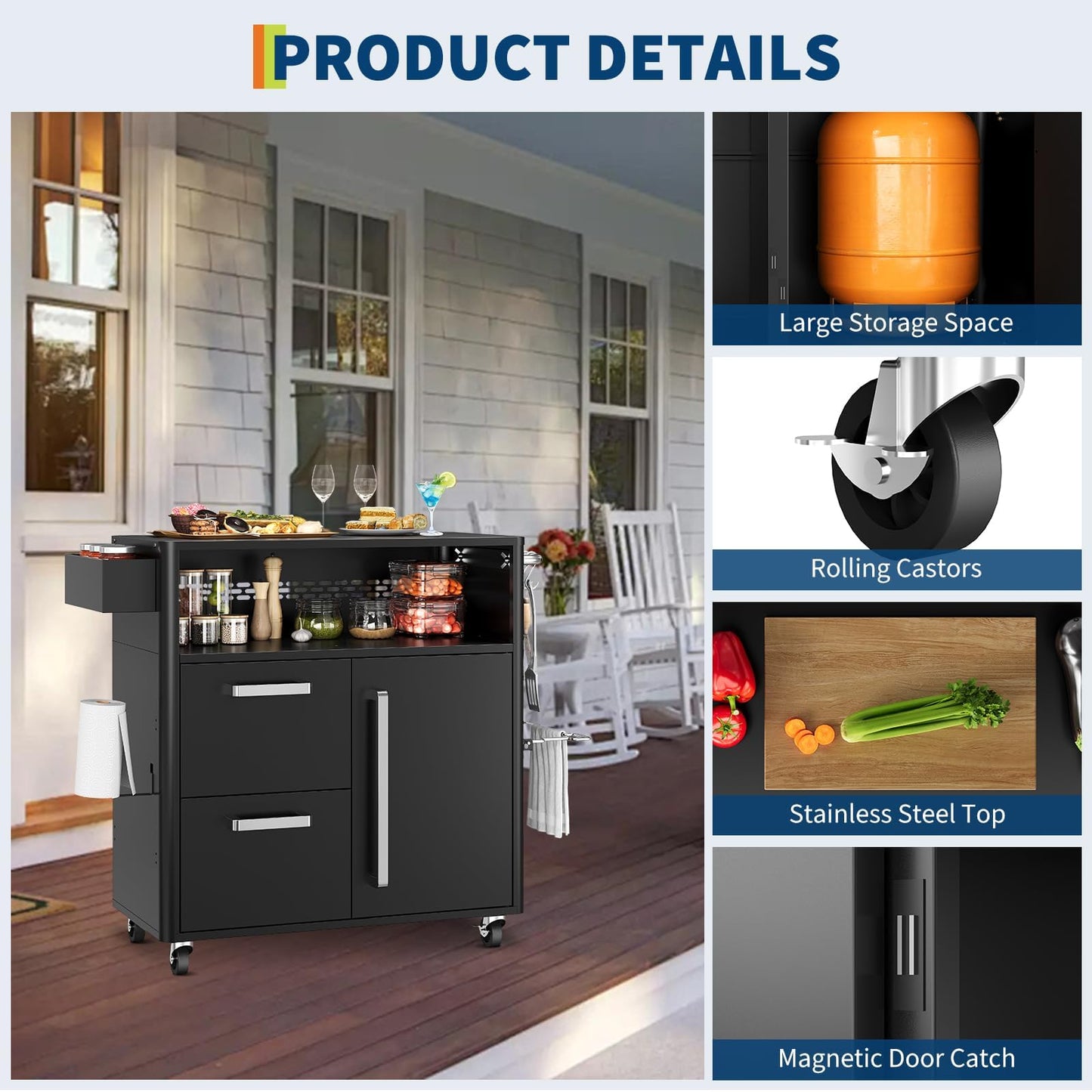 Heavy Duty Outdoor Grill Cart with Stainless Steel Prep Table, Lockable Wheels, Spacious Storage Cabinet, and Island Table Design for Patio or Kitchen Use