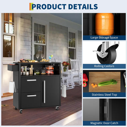 Heavy Duty Outdoor Grill Cart with Stainless Steel Prep Table, Lockable Wheels, Spacious Storage Cabinet, and Island Table Design for Patio or Kitchen Use