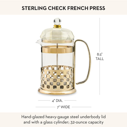 MACKENZIE-CHILDS Coffee French Press, Glass French-Press Coffee Maker, 32-Ounce Capacity, Gray-and-White Sterling Check