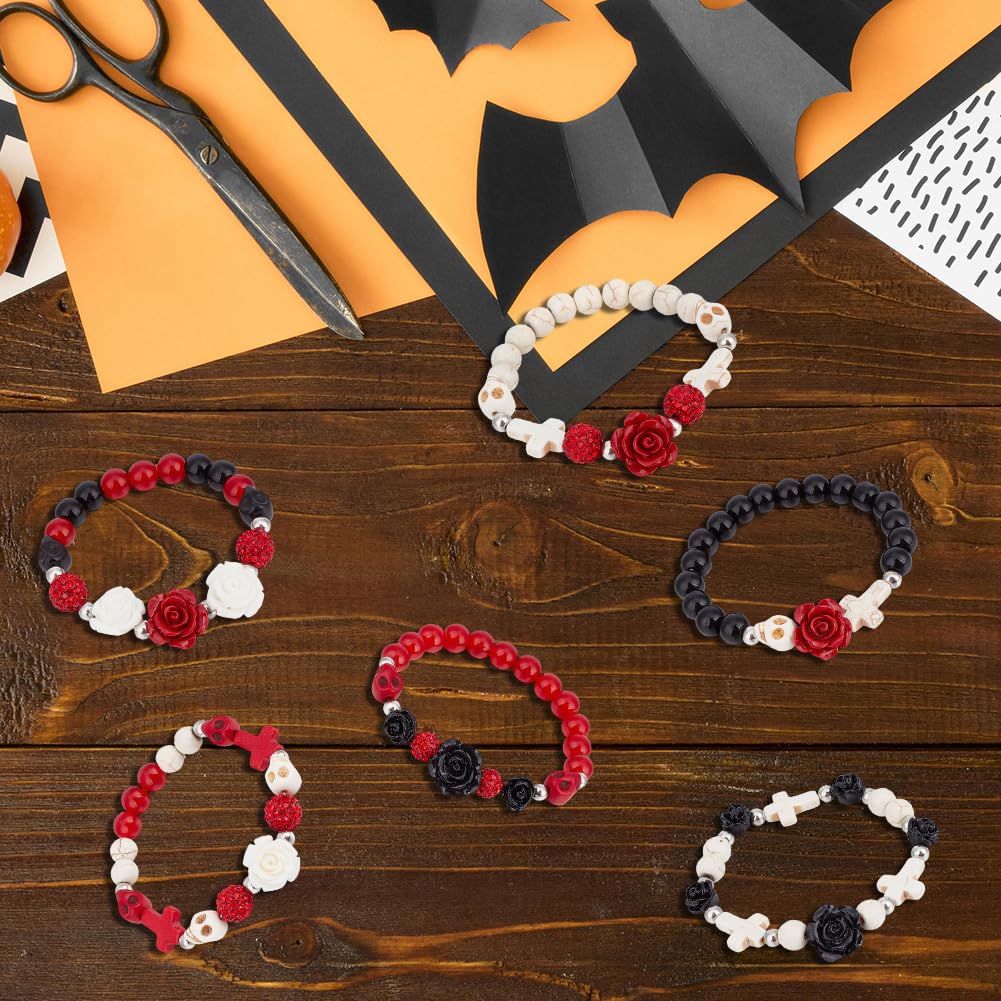 SUNNYCLUE 1 Box DIY 6 Sets Bracelet Making Kits Gothic Halloween Beads Black Red Skull Cross Beads Polymer Clay Rhinestone Loose Spacers for Jewelry Making Kits Crafts Gift Women Adults Supplies