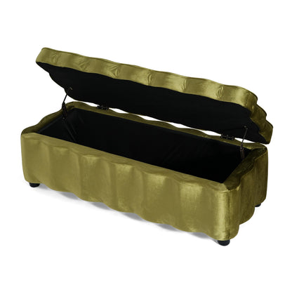 Christopher Knight Home Pean Living Room Ottoman with Storage, Velvet Upholstered Storage Ottoman Bench, Sofa Foot Stool with Wood Frame, Bedroom End of Bed Bench, Chic Scalloped Design, Olive Green