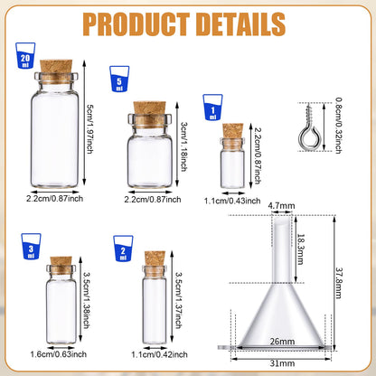 Sherli 45 Pcs Mini Tiny Glass Jars Small Bottles with Cork Stoppers Spell Jars with Eye Screws and Funnels Tiny Cork Glass Bottles for DIY Art Craft (1ml, 2ml, 3ml, 5ml, 10ml)