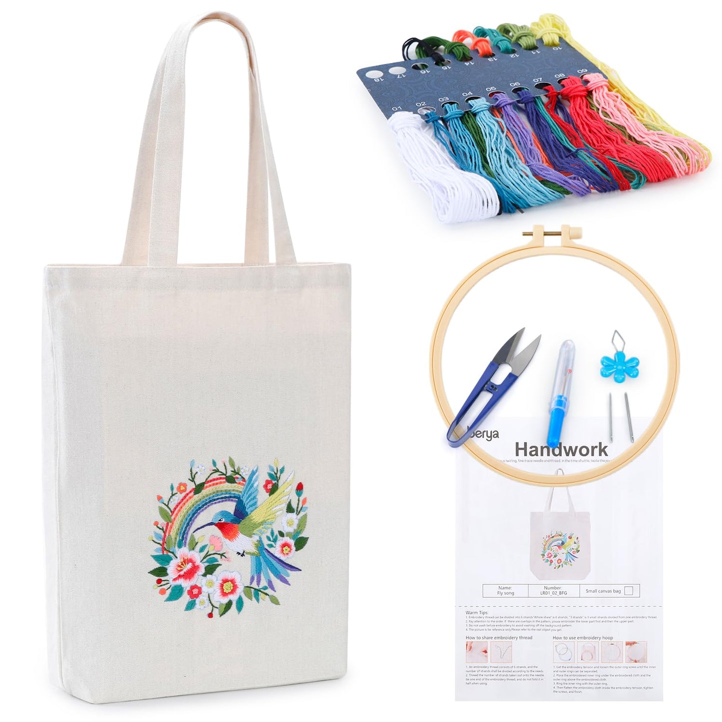 BERYA Embroidery Starter Kit for Beginners, Canvas Tote Bag with Pre-Printed Floral Pattern, DIY Cross Stitch Kit Including Hoop, Color Threads, Tools and Instructions (Fly Song)