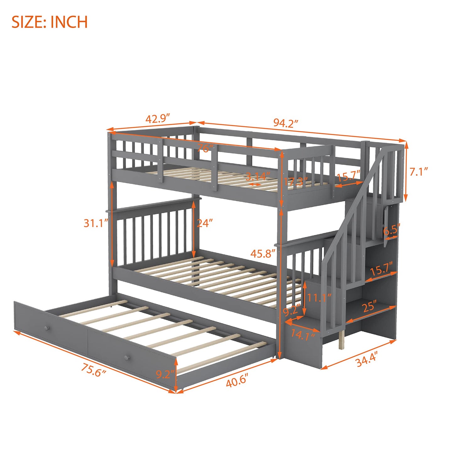 Merax Twin-Over-Twin Bunk Bed with Twin Size Trundle, Soild Wood Stairway Bunk Bed with Storage and Guard Rail for Teens, Adults, Gray