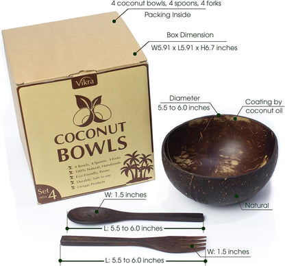 Vikra Set of 4 Vietnamese Coconut Bowls with Spoons and Forks, 100% Natural Handmade Eco-Friendly Kitchen Bowls