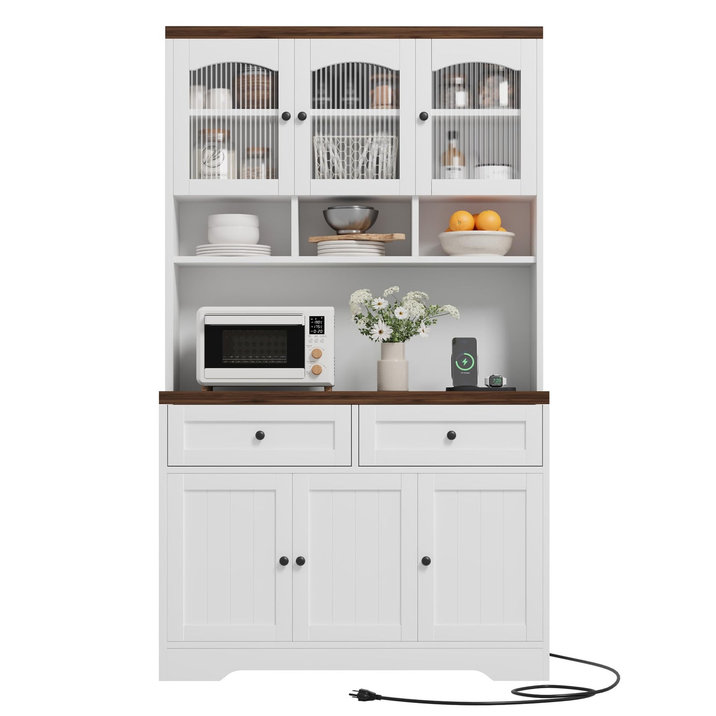 Garvee 71" Pantry Cabinet with Charging Station, Tall Kitchen Pantry Storage Cabinet with Microwave Stand, Farmhouse Kitchen Hutch with Storage Drawers for Living Room, Dining Room, White