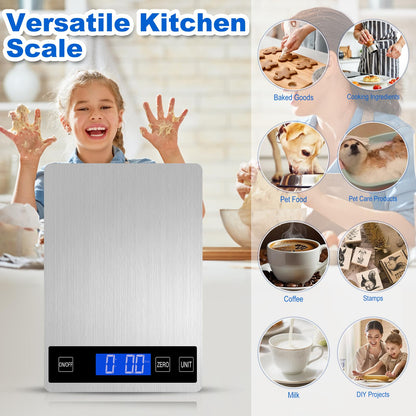Girwu Food Scale, 22lb Digital Kitchen Scale with 1g/0.1oz Accuracy, 5 Units (g/kg/lb:oz/ml/fl.oz), Backlit LCD, 9x6.3x0.8 Inch Stainless Steel Panel, Hidden Hook, Batteries Included