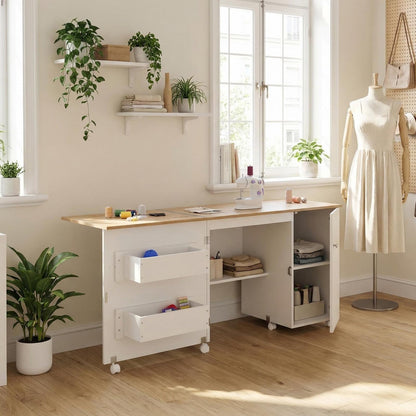 Large Folding Sewing Table, 63" x 19" x 29.5" Multipurpose Portable Craft Station & Side Desk with Compact Design, Caster Wheels, Storage Shelves, 2 Storage Trays, Magnetic Doors, White + Natural