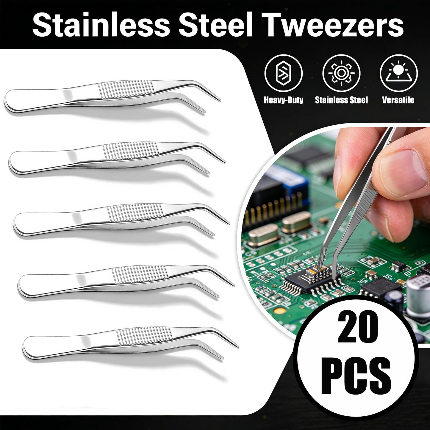 20Pack Stainless Steel Tweezers with Curved Tip Curved Serrated Tip Multipurpose Forcep for Craft, Sewing Machine, DIY Crafts, Jewelry Making, Electronics Repair, Precision Work & Hobby Project