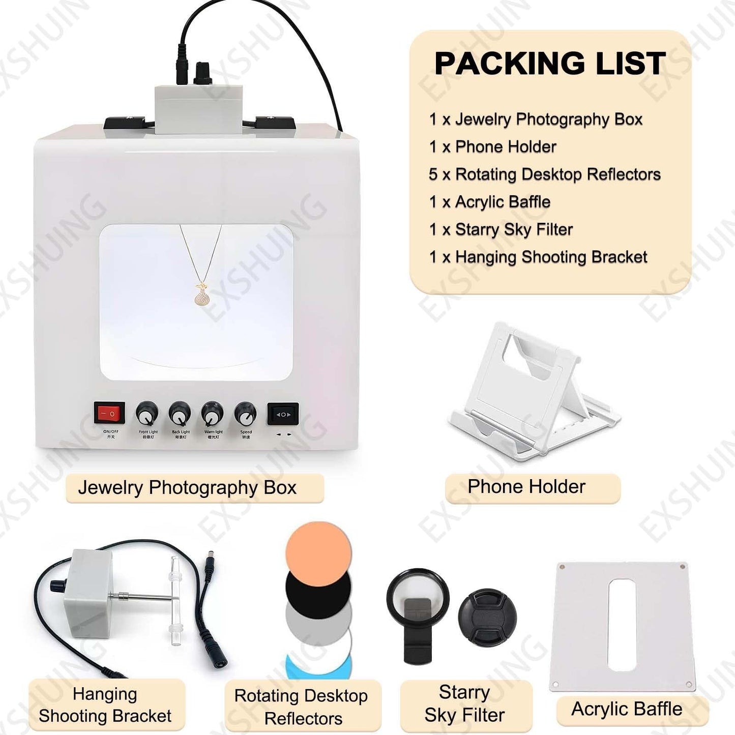 EXSHUING Jewelry Hanging Photography Kit, Product Photography Box – 360° Rotating & Hanging Support, 4 Led Fill Lights, Dimmable Brightness, 3000-5500k, 1kg/2.2lbs Turntable, Rings, Necklaces(TB30)