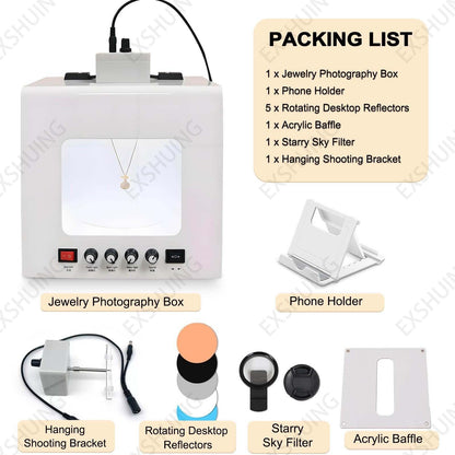 EXSHUING Jewelry Hanging Photography Kit, Product Photography Box – 360° Rotating & Hanging Support, 4 Led Fill Lights, Dimmable Brightness, 3000-5500k, 1kg/2.2lbs Turntable, Rings, Necklaces(TB30)
