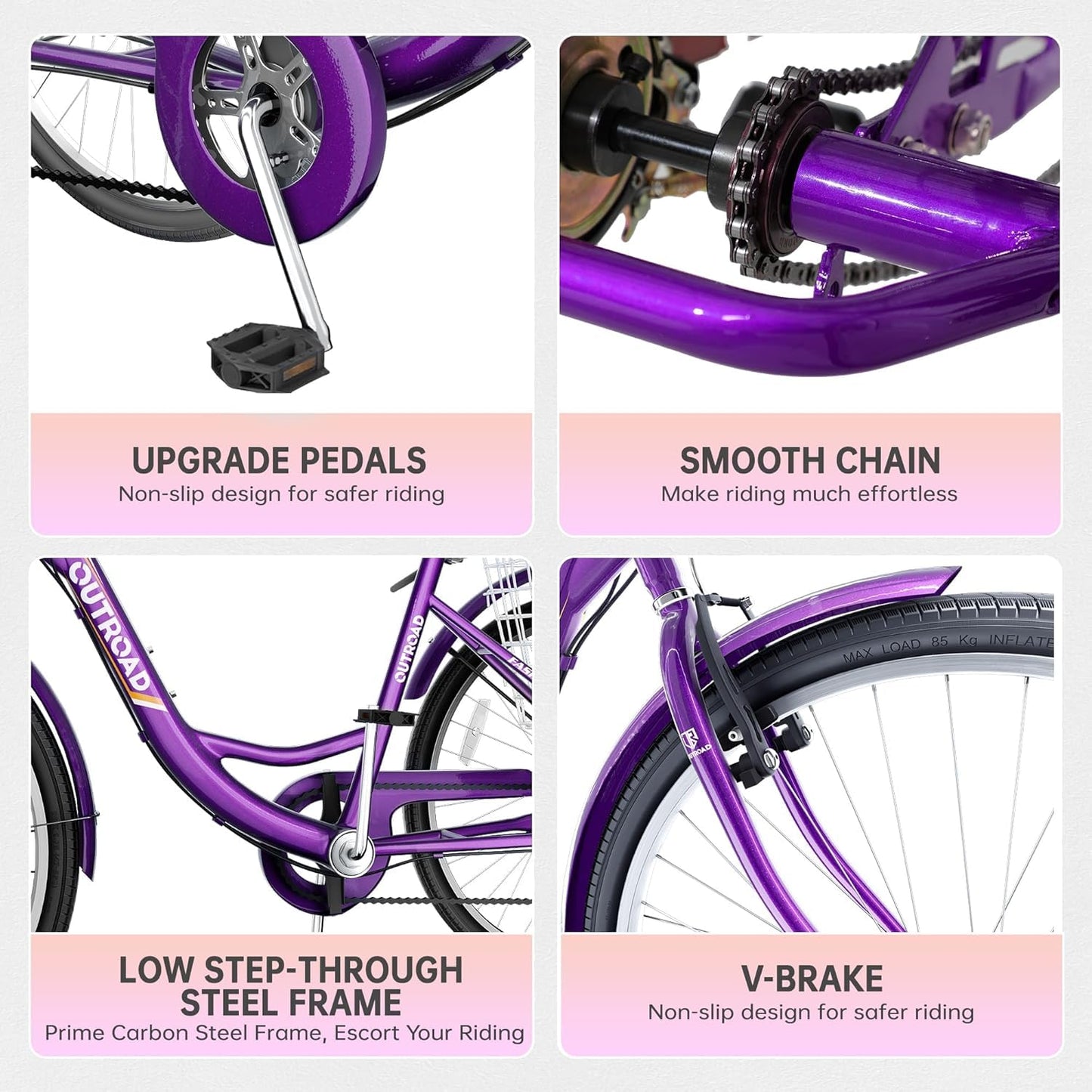 Brightpeak 1 Speed Adult Tricycle, 26 inch Cruiser Trike with Large Basket for Women Men Seniors, 3 Wheel Bike for Outdoor, Shopping, Recreation, Picnic (Purple)
