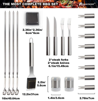 ROMANTICIST 28pcs BBQ Accessories Set with Thermometer - The Very Best Grill Gift on Birthday Wedding - Heavy Duty Stainless Steel Grill Set in Case for Outdoor Cooking Camping Grilling Smoking