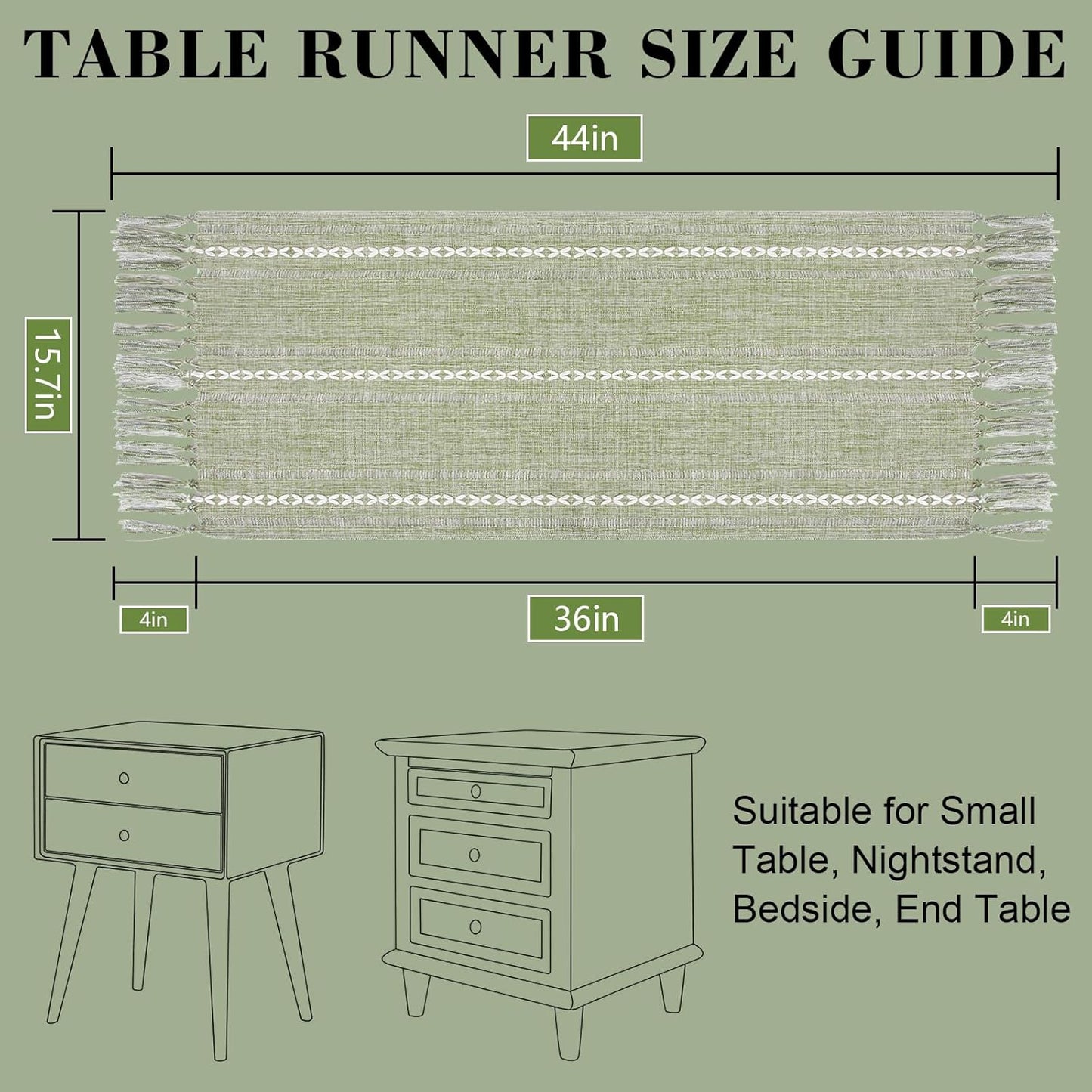 15.7 36 inch, Summer Boho Table Runner Short x Spring Sage Green Coffee Table Cover, Green Linen Small Table Cloth