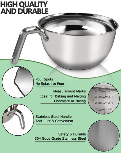 Large Double Boiler Pot Set,3500ML/3.1QT Mixing Bowl for Chocolate Melting, 5000ML/ 4.5QT 304 Stainless Steel Pot With Silicone Spatula for Melting Chocolate, Candy, Candle, Soap, Wax