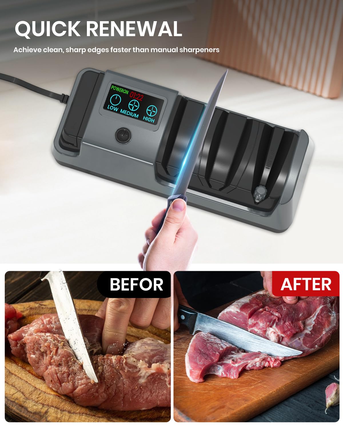 Upgrade 5 in 1 Electric Knife Sharpener with LCD Screen, 3 Rotational Speed Adjustable, 100% Diamond Abrasives, knife sharpener for Straight, Serrated, Meat Cleaver, Ceramic Knives Electric Knife
