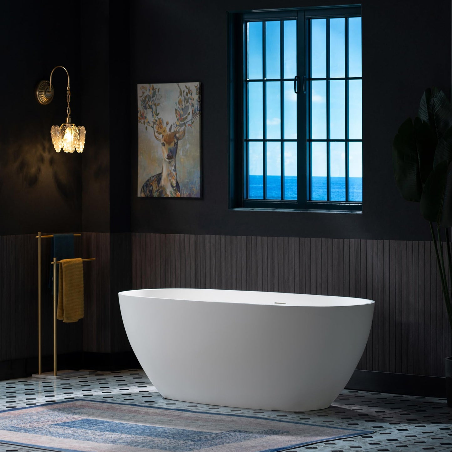 WOODBRIDGE 63" L x 28.35" W Stone Resin Luxury Contemporary Solid Surface Freestanding Soaking Tub in Matte White