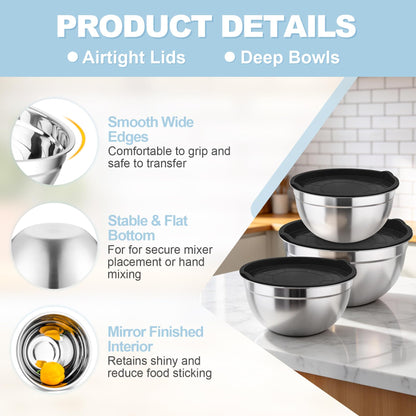 TeamFar Mixing Bowls, Stainless Steel Nesting Salad Bowls with Airtight Lids Set, For Serving/Mixing/Storing, Healthy & Long-lasting, Dishwasher Safe & Easy Clean, 4.6/3 / 1.5 QT, Black