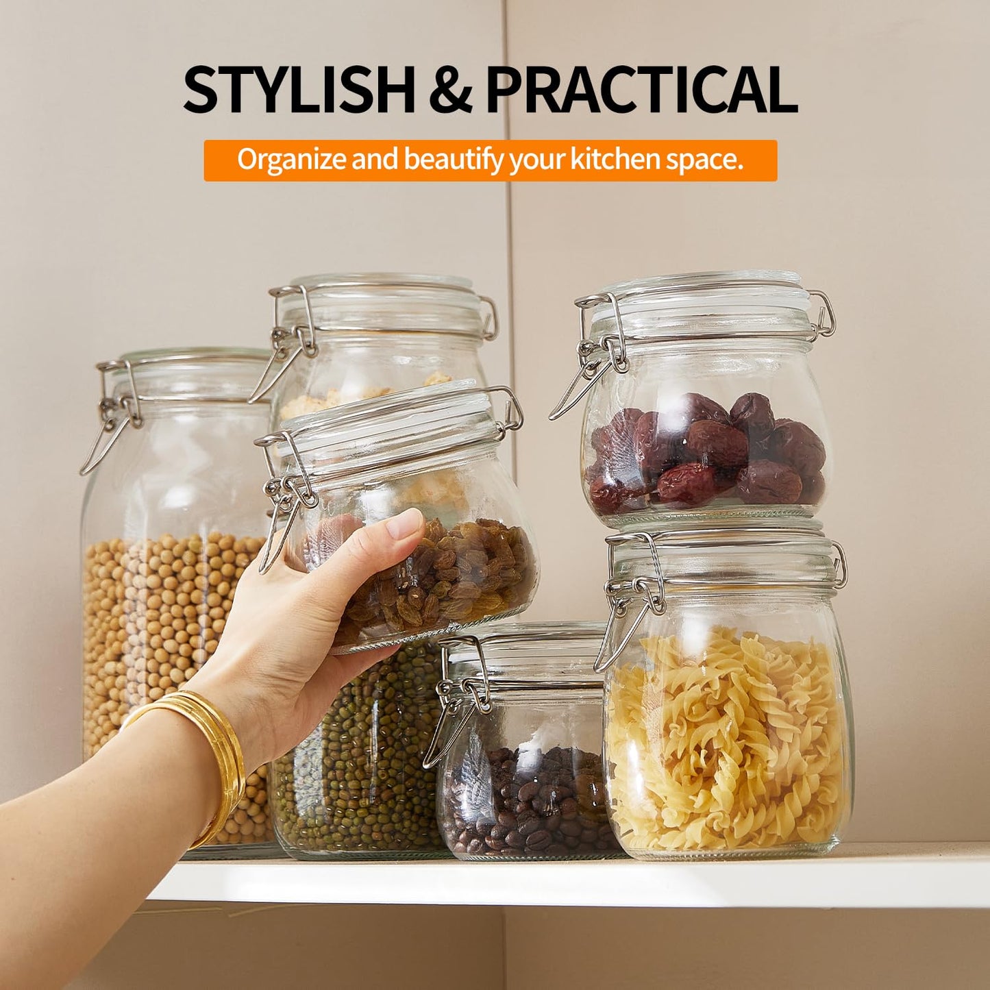 6 Pack 17oz Food Storage Jars with Airtight Lids, Preserving Seal Wire Clip Fastening Glass Containers, Canisters for Kitchen Organization, Flour, Cereal, Pasta, Sugar, Beans, Pickling Jars (17 Oz*6)