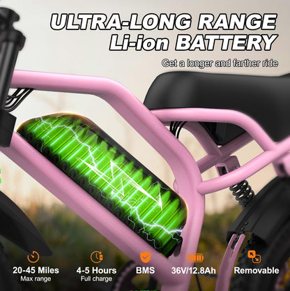 VDL Mountain Electric Bike for Teenager, 16" Fat Tire Ebike, Wider Seat 800W Peak Motor, Removable Battery, Front Fork Suspension, 20MPH, UP to 35 Miles Mountain Ebike, Black-Pink