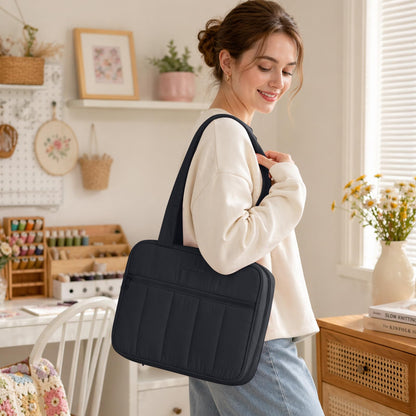 AMOIGEE Sewing Supplies Organizer Bag, Large Craft Storage Tote with 17 Clear Pockets&Tool Holders, Portable Crochet Knitting Embroidery Organizer Case for Threads, Hooks, Needles & Sewing Accessories