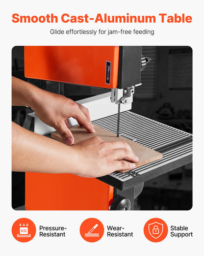VEVOR Band Saw, 9-Inch, Woodworking Benchtop Bandsaw with 1/2 HP Motor, 3.5-Inch Max Cutting Height, 11.8 x 11.8 in Cast Aluminum Table, 0-45° Tilting Range, with Miter Gauge, Fence, for Woodworking