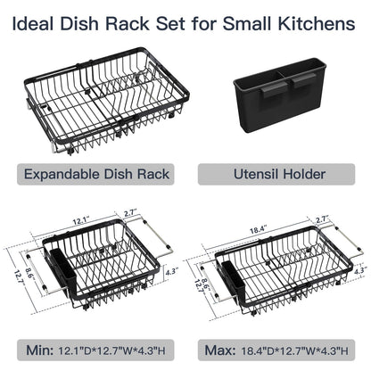 MAJALiS Expandable Stainless Steel Over The Sink Dish Drying Rack for Small Kitchen Counter Space Saving, Compact RV Plate Drainer Strainer in Black Wire Metal with Hanging Adjustable Utensil Holder