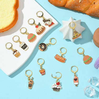Gythara 24 pcs 12 Style Fast Food Theme Alloy Enamel Stitch Markers Coffee Tea Drink Hamburger Cake Donut Leverback Earring for Knitting Crocheting DIY Jewelry Craft Bag Decoration