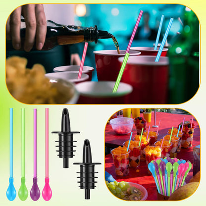 Sliner 6 Pcs Ice Syrup Precise Control Bottle Pouters 60 Pcs Hard Plastic Spoon Straws 9 in Detachable Kitchen Utensil Stirring Coffee Spoon, Professional Pour Spouts for Snow Cone & Drink Flavors