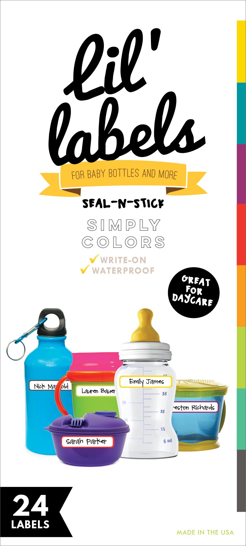 Bottle Labels, Food Pantry Label, Write-On, Self-Laminating, Waterproof Kids Name Labels for Baby Bottles for Daycare School, Dishwasher, Freezer, Kitchen Safe (Simply Colors - Rainbow Inspired)