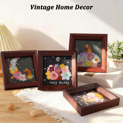 5x5'' Natural Flower Bouquet Frame - Handmade Pressed Flower Art Frame, Home Decor Walnut Wood Shadow Box Gift for Tabletop & Wall Art Decor, Dried Floral Artwork Gift for Anniversary, Valentine's Day