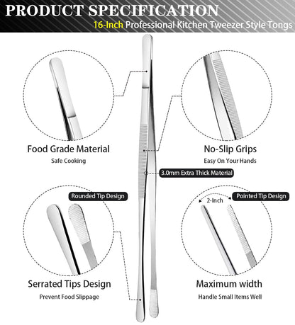 JETKONG 2 Pcs 16'' Tweezer Tongs, Extra Large Food Tweezers, Extra Long Kitchen Tweezers for Cooking Repairing and BBQ (16-Inch, Silver)