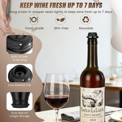 ONANNOS Wine Stopper, Wine Saver Vacuum Pump with 4 Reusable Stoppers, Wine Bottle Preserver & Sealer Keeps Fresh Longer, Ergonomic Handle, ideal Gift