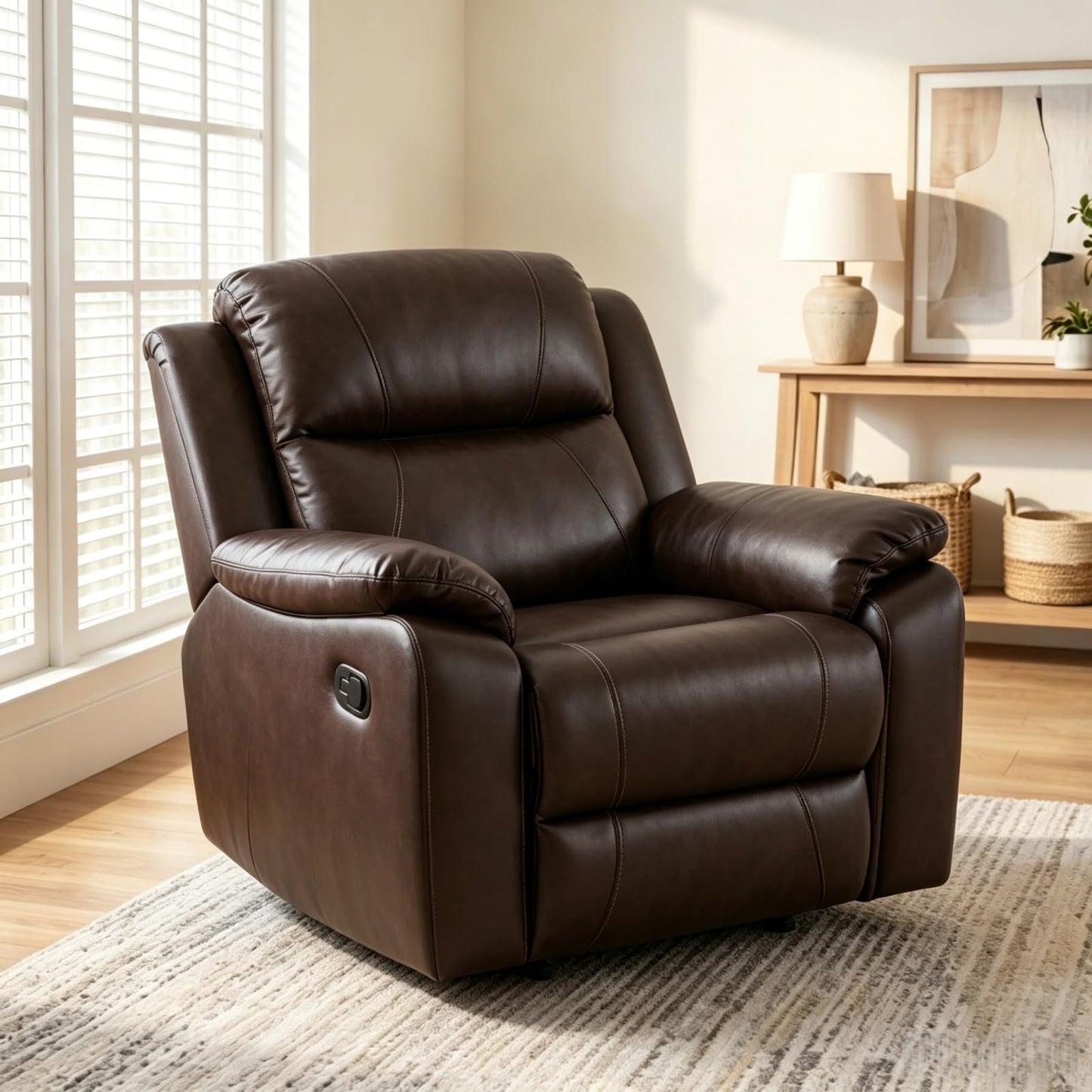 Trygoal Single Leather Manual Recliner Chair, Oversized Lazy Boy Recliner with Home Theater Seating, Breathable Living Room Reclining Chair for Adults Reading, Gaming, Relax, Brown