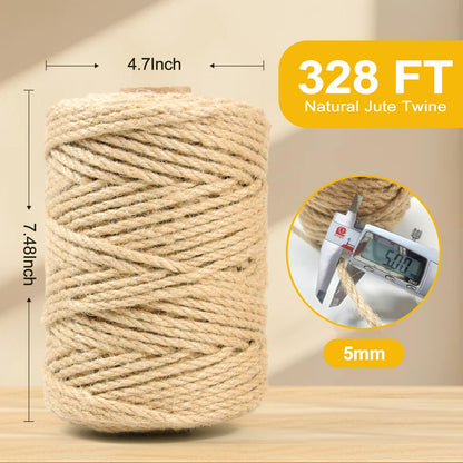 Jute Twine String - 328ft Eco-Friendly 5mm Natural Cord for Crafts, Packaging & Cat Scratchers | Heavy-Duty Rope for Garden Tying, Gift Wrapping & DIY Decor