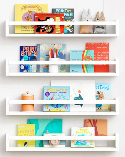 24 Inch Set 4, Forbena Wall Bookshelf for Kids Bedroom of White Floating Nursery Book Shelves for Baby Toddler Children