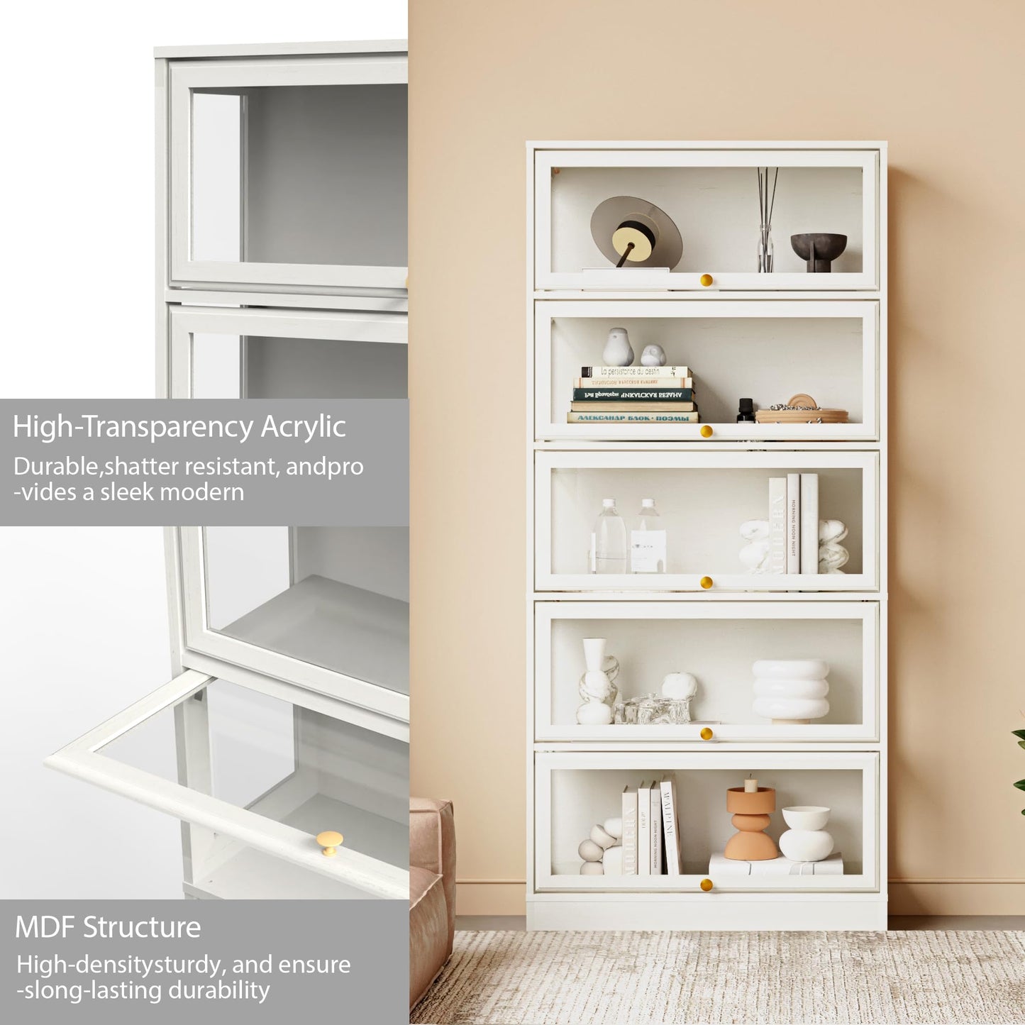 BONITURE Display Cabinet with Acrylic Glass Doors,5-Tiers Curio Cabinet with LED Lighting for Collectibles, Collectibles Toy Organizers Rack & Display Shelf Display Case Storage Cabinet, White